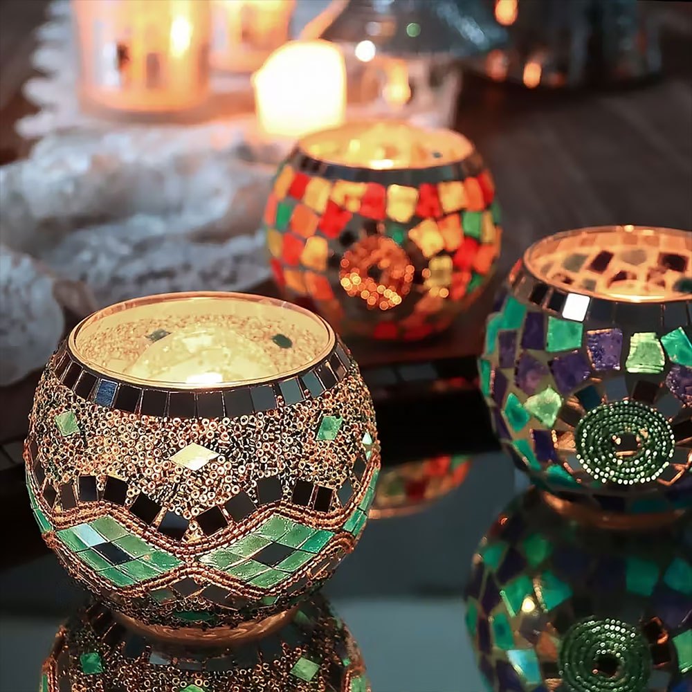 Mosaic Glass Tealight Holders – Three-Piece Set