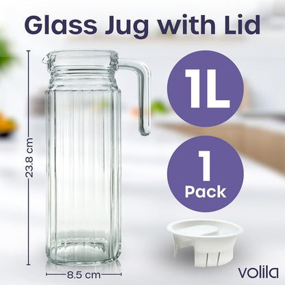 Fridge Jug Glass Water Jug with Lid - Clear Water Pitcher with Ribbed Glass Design & Handle for Fridge Shelf & Everyday - Juices, Pimms & Picnics