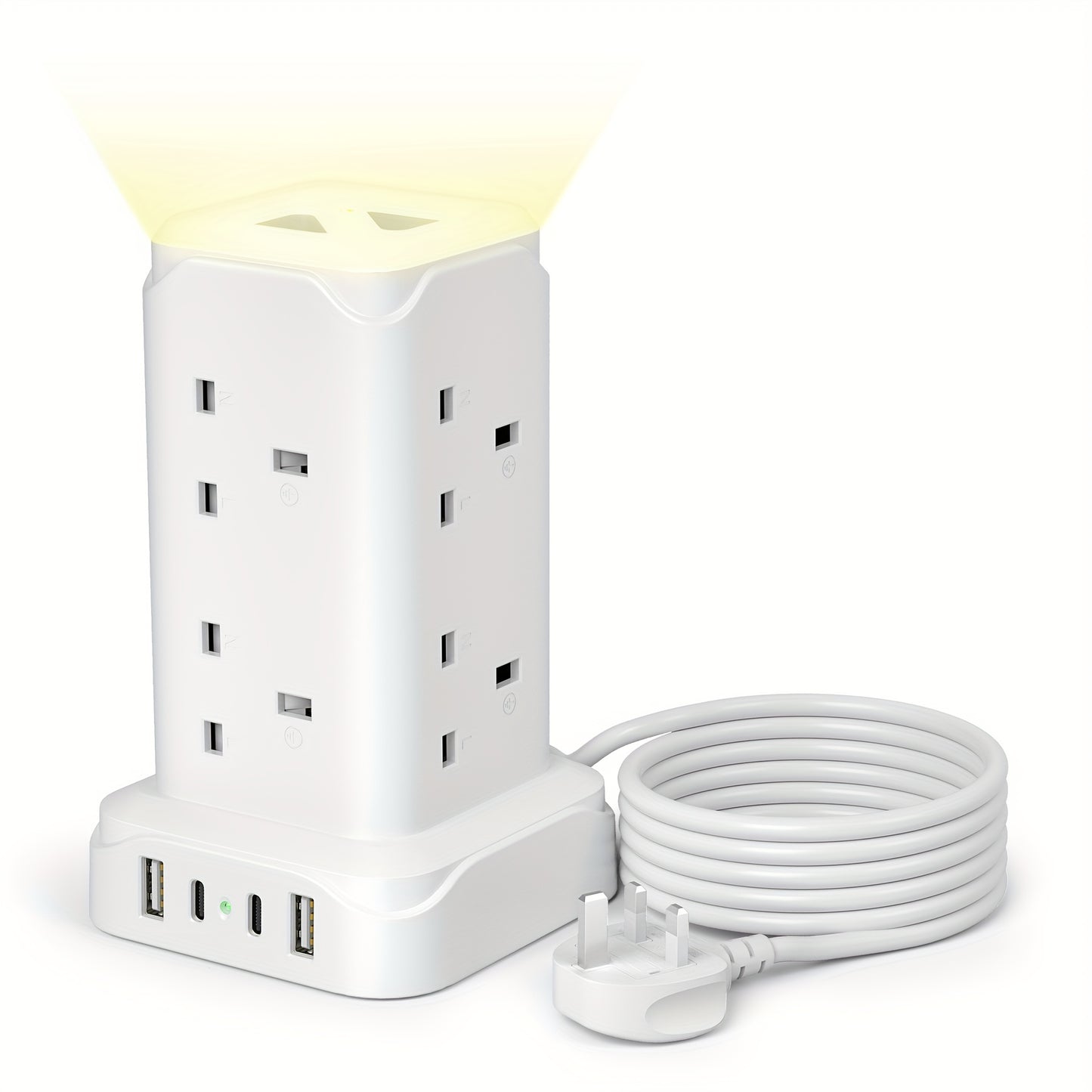 Upgraded New Product Tower Extension with USB Slots 3.02m, 20W Fast Charger with Night Light, (13A 3250W)5 USB Ports & 8 Way, Surge Protected Extension with 4 Independent Switch, Extension Cable for Home Office for Business for Factory