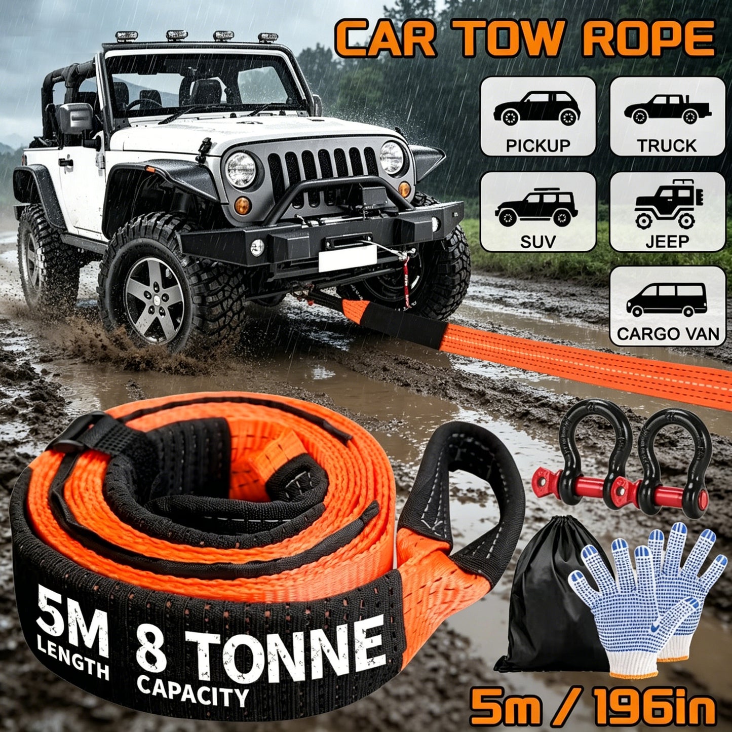 Heavy Duty Tow & Recovery Rope Set for Off-Road & SUVs, Off-Road Recovery Rope Kit, High Strength with 2* Hooks & Storage Bag, Gloves - Essential for for SUV, Truck, Car, Camping, Overlanding & Emergency Vehicle Rescue. Best Value Emergency Towing Solutio