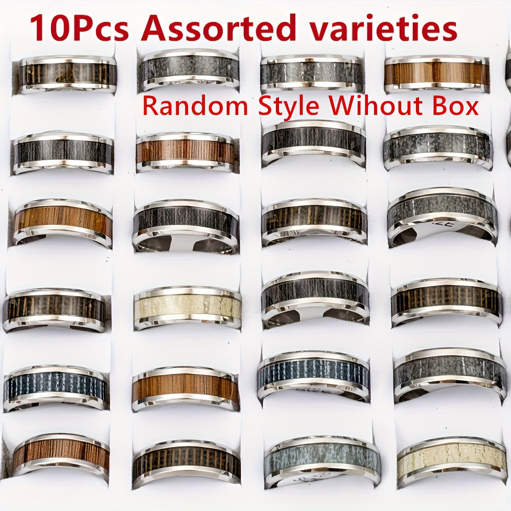 10pcs/ Retro Wood Grain Stainless Steel Men'S And Women'S Rings Fashion Exquisite Jewelry Daily Wear Additions Gifts Random Styles, No Box