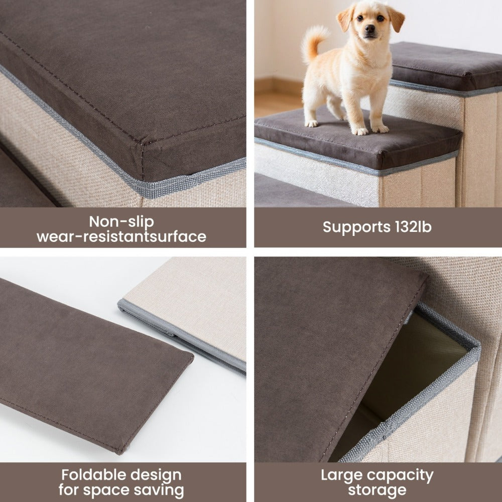 Foldable Dog Stairs 3 Tier with Storage Compartments – Adjustable Pet Steps for Bed & Sofa, Soft Flannel, 60x35x31cm | Small & Medium Dogs and Cats