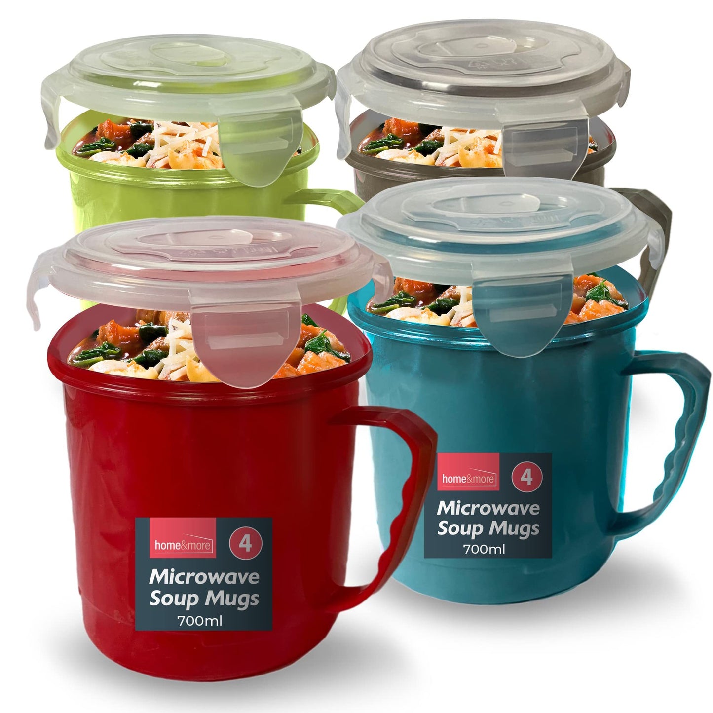 4 Pack Microwave Soup Mugs 700ml | Plastic Soup Containers with Handles & Lids | Stackable Microwave Bowls for Reheating & Serving | Dishwasher Safe Soup Mugs for Leftovers, Porridge & Hot Meals at Home, Office or School