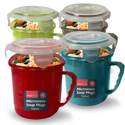 4 Pack Microwave Soup Mugs 700ml | Plastic Soup Containers with Handles & Lids | Stackable Microwave Bowls for Reheating & Serving | Dishwasher Safe Soup Mugs for Leftovers, Porridge & Hot Meals at Home, Office or School