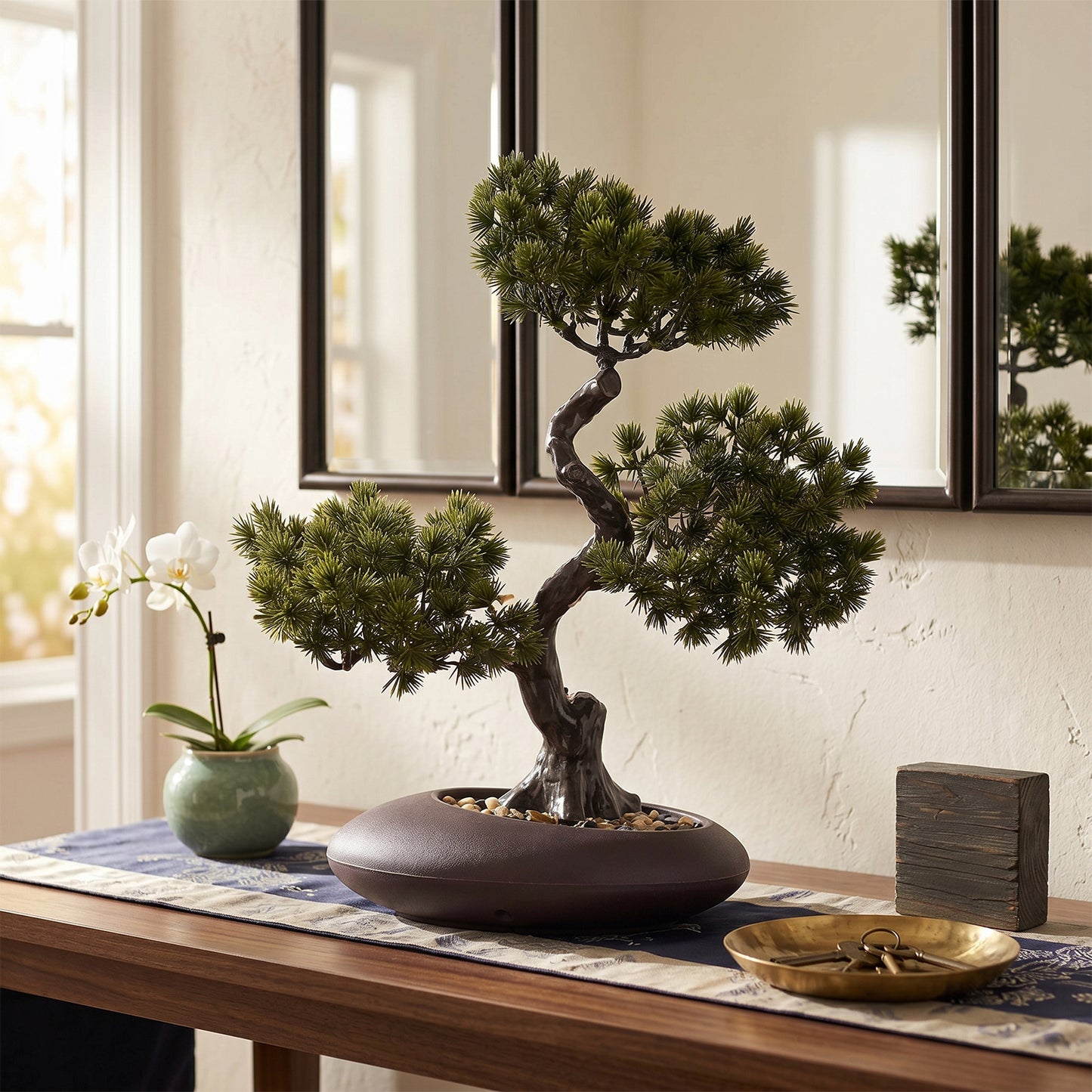 1pc Artificial Pine Bonsai Ornament, Simulation Welcome Pine Fake Plant in Matte Dark Brown Pot, Retro Curved Trunk Faux Greenery, Tabletop Desktop Decor for Shop Front Desk & Home Decor
