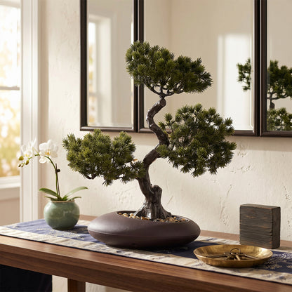 1pc Artificial Pine Bonsai Ornament, Simulation Welcome Pine Fake Plant in Matte Dark Brown Pot, Retro Curved Trunk Faux Greenery, Tabletop Desktop Decor for Shop Front Desk & Home Decor