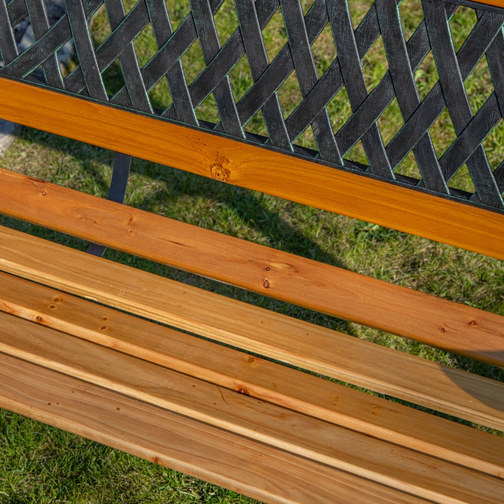 2 Seater Garden Bench Wooden Seat Cast Iron Legs Lattice Rose Backrest Outdoor Patio Bench 123cm Fir Wood Max 150kg Flat Pack