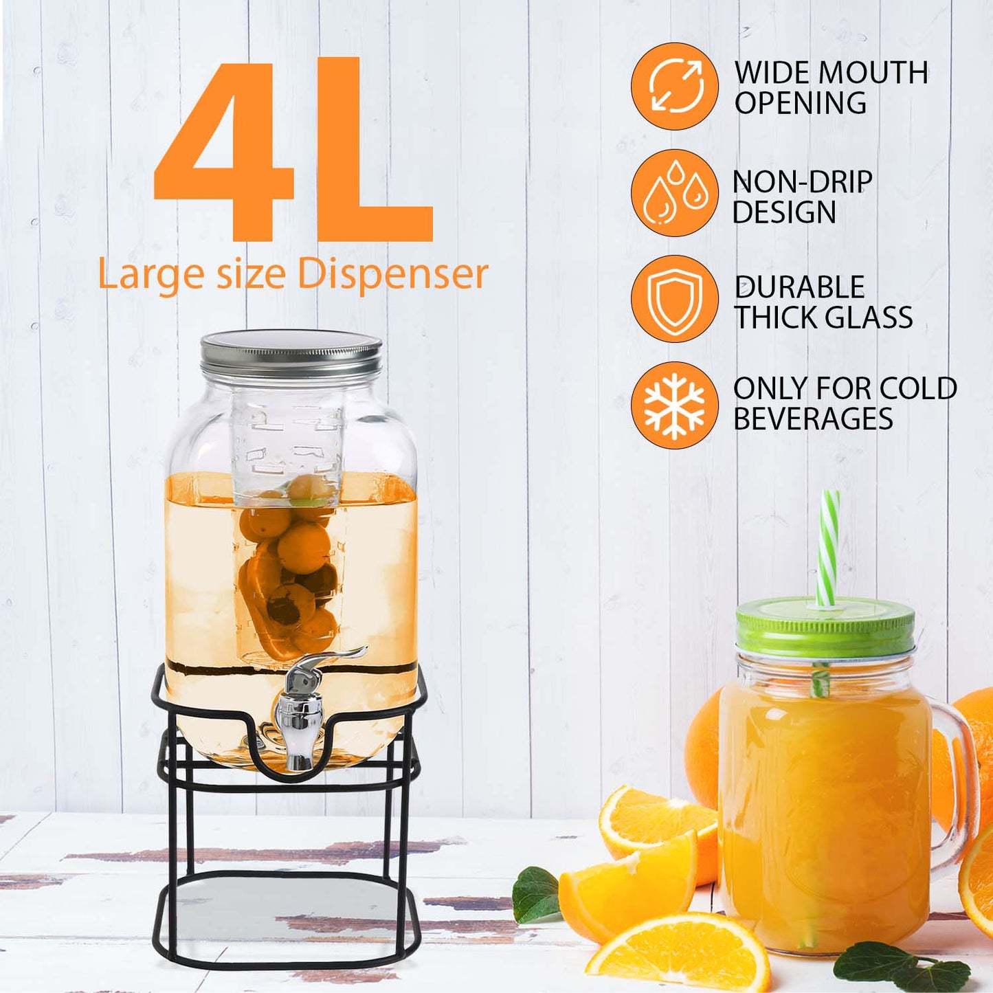 4L Glass Water Dispenser with Tap – Wide Mouth Drink Dispenser with Metal Wire Handle and Stand - Leak Proof Glass Juice Dispenser with Tap for Beverage, Cocktail and Drinks