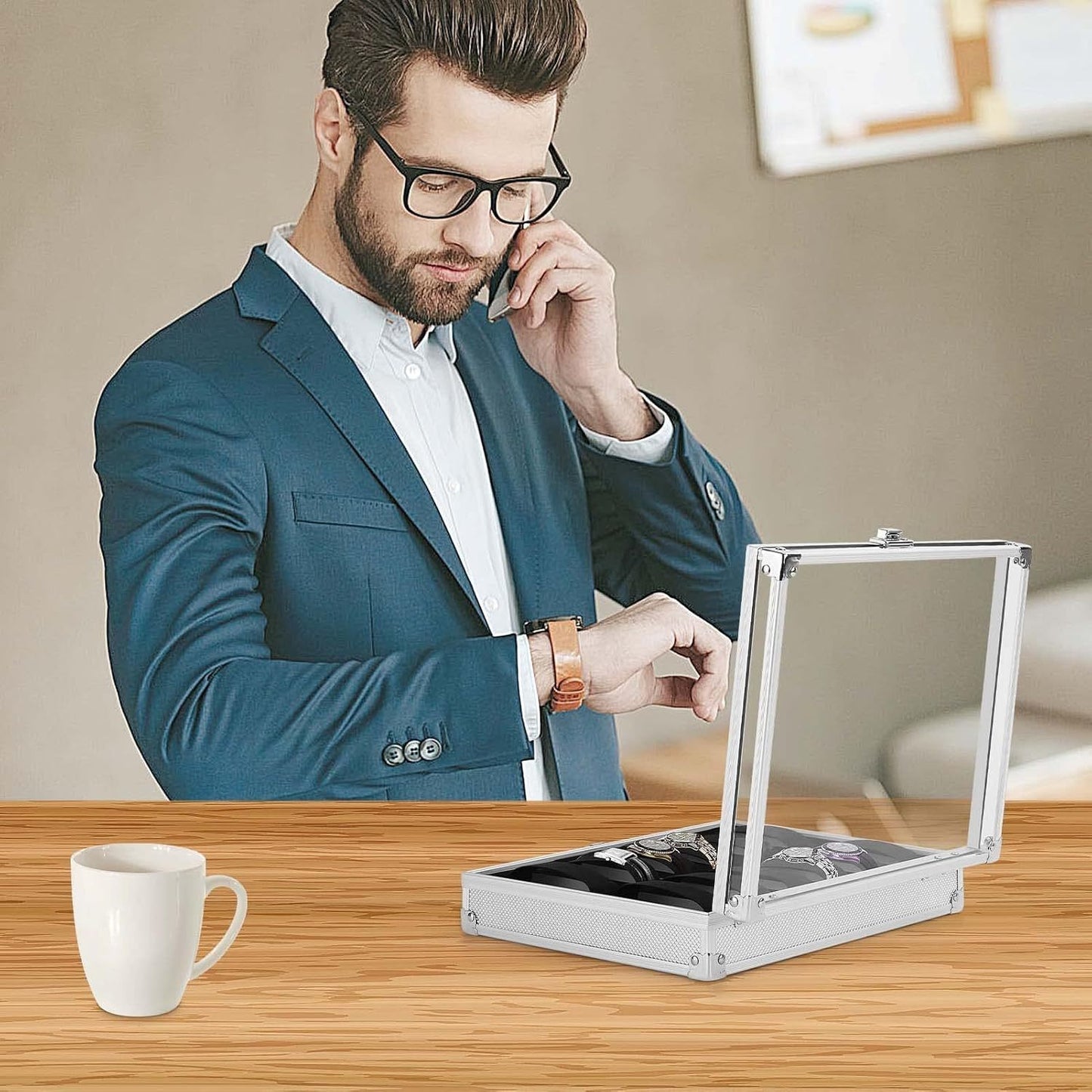 12 Slots Watch Box with Watch Display Storage Case Aluminium Watch Case with Removable Watch Cushion Display Lid Velvet Lining Metal Clasp for Men Women (Silver)