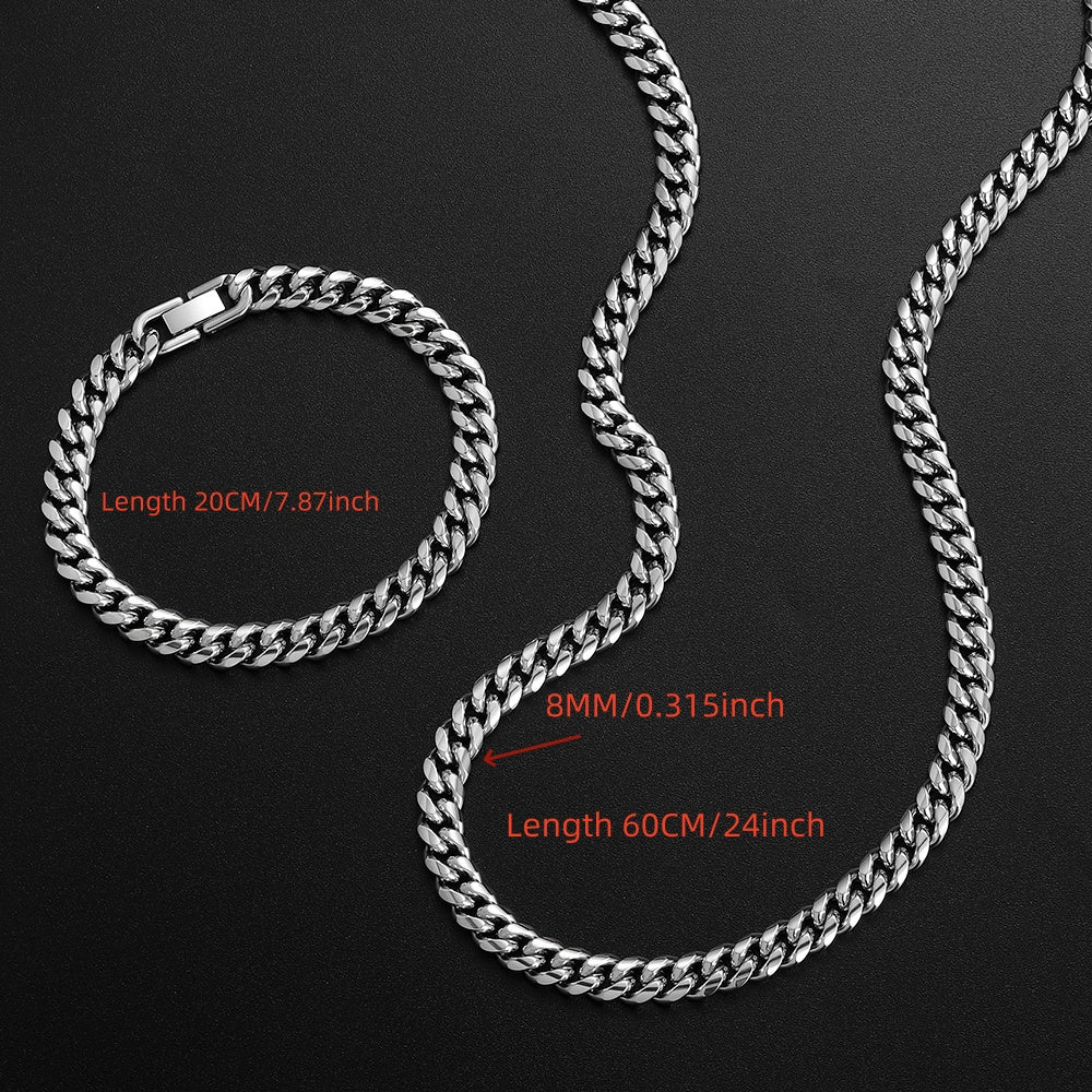 2pcs/ set 8mm 316L Stainless Steel Encrypted Cuban Chain Necklace Bracelet Fashion Jewelry Set for Men Handsome Hip Hop Rock Style Party Gift Accessories
