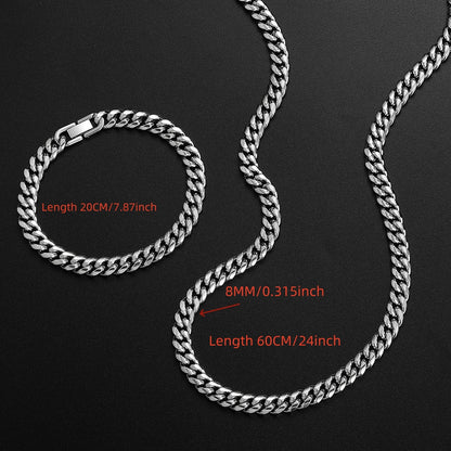 2pcs/ set 8mm 316L Stainless Steel Encrypted Cuban Chain Necklace Bracelet Fashion Jewelry Set for Men Handsome Hip Hop Rock Style Party Gift Accessories