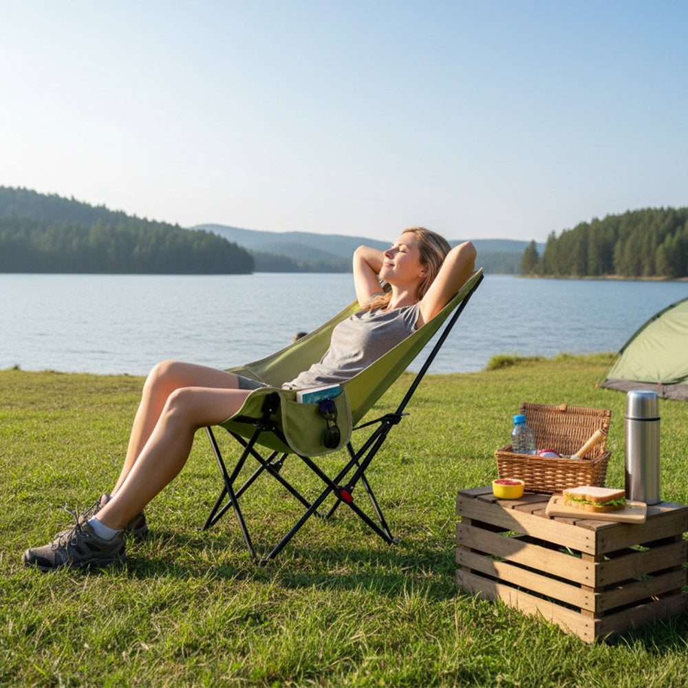 Portable High-Back Moon Chair (Three-Position Adjustment) Seat or Recline, Side Storage Pocket,Foldable Outdoor Chair Camping Picnic Lounger, Midday Rest Fishing Chair, Garden Seat Three Colours Available (Complimentary Storage Bag)