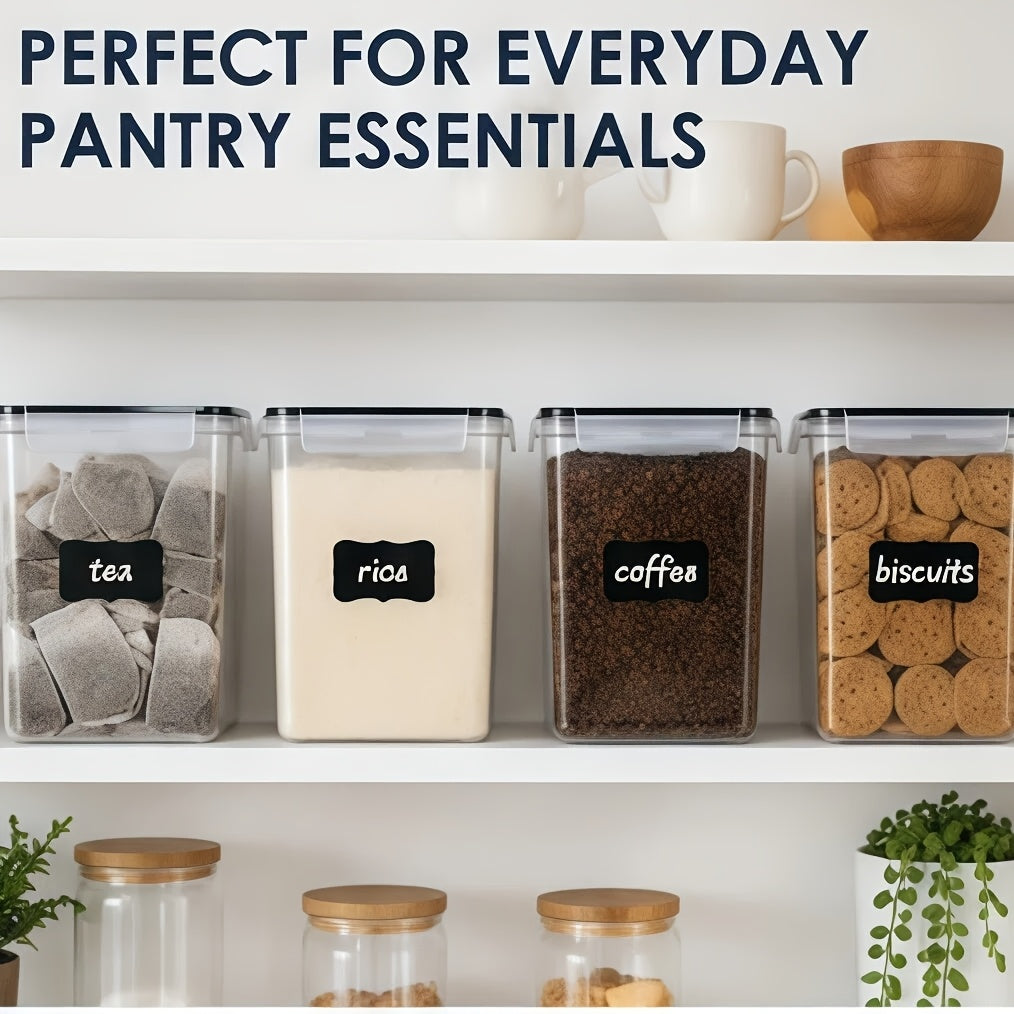 4 Pack Sealed Jars, Large Food Storage Containers, Plastic Airtight Canisters For Flour, Sugar, Baking Supplies, Pasta, Rice With Lids, 4 Measuring Cups And 24 Labels, Black
