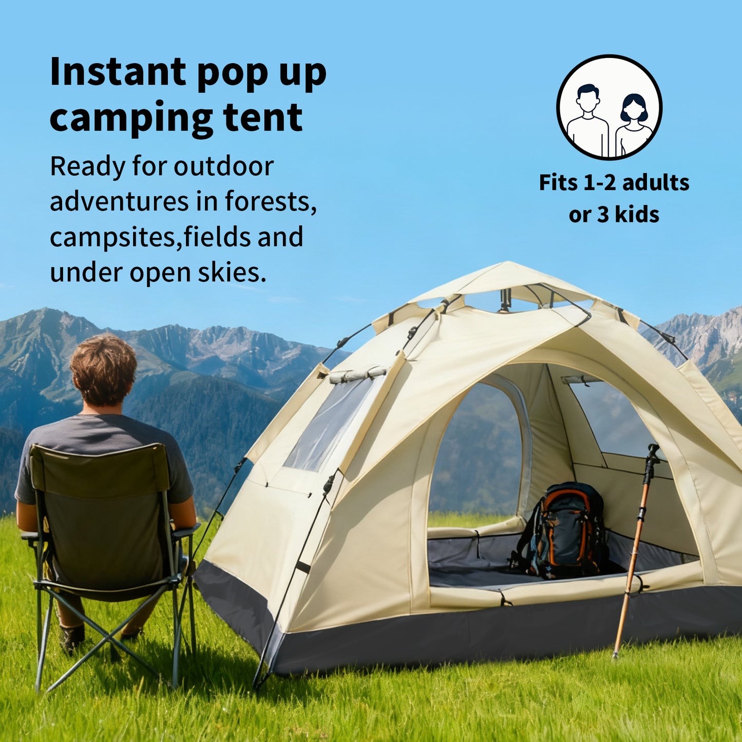 2-3 Persons Instant Auto Up Large Camping Tent Outdoor Shelter Divided Curtain for Separated Room Portable with carrying Bag for All Seasons