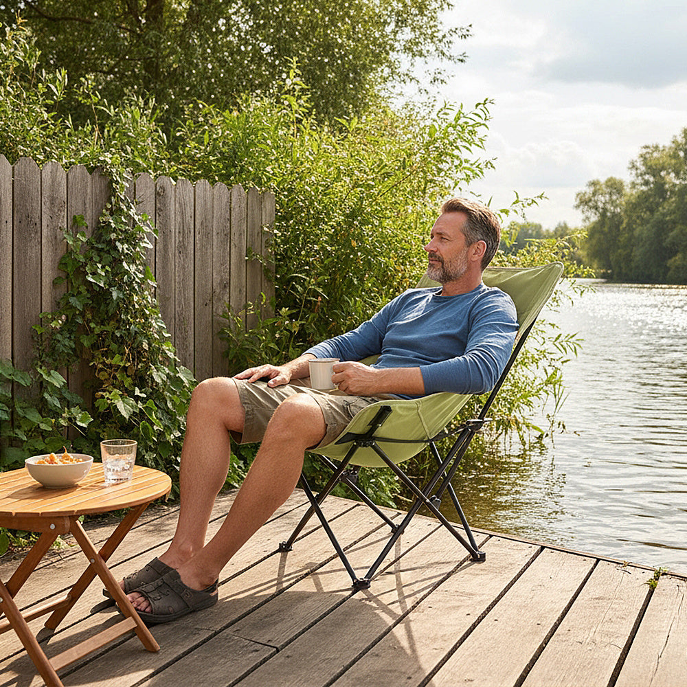 Portable High-Back Moon Chair (Three-Position Adjustment) Seat or Recline, Side Storage Pocket,Foldable Outdoor Chair Camping Picnic Lounger, Midday Rest Fishing Chair, Garden Seat Three Colours Available (Complimentary Storage Bag)