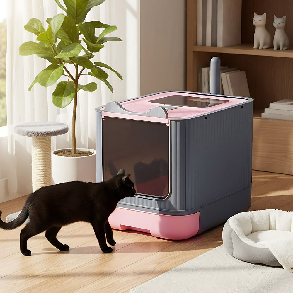 Enclosed Cat Litter Box with UV Sterilisation & Deodoriser | Large Hooded Cat Toilet with Drawer Tray & Scoop | Anti-Splash Odour Control Litter Tray | 44.5x36.5x34.5cm | Grey