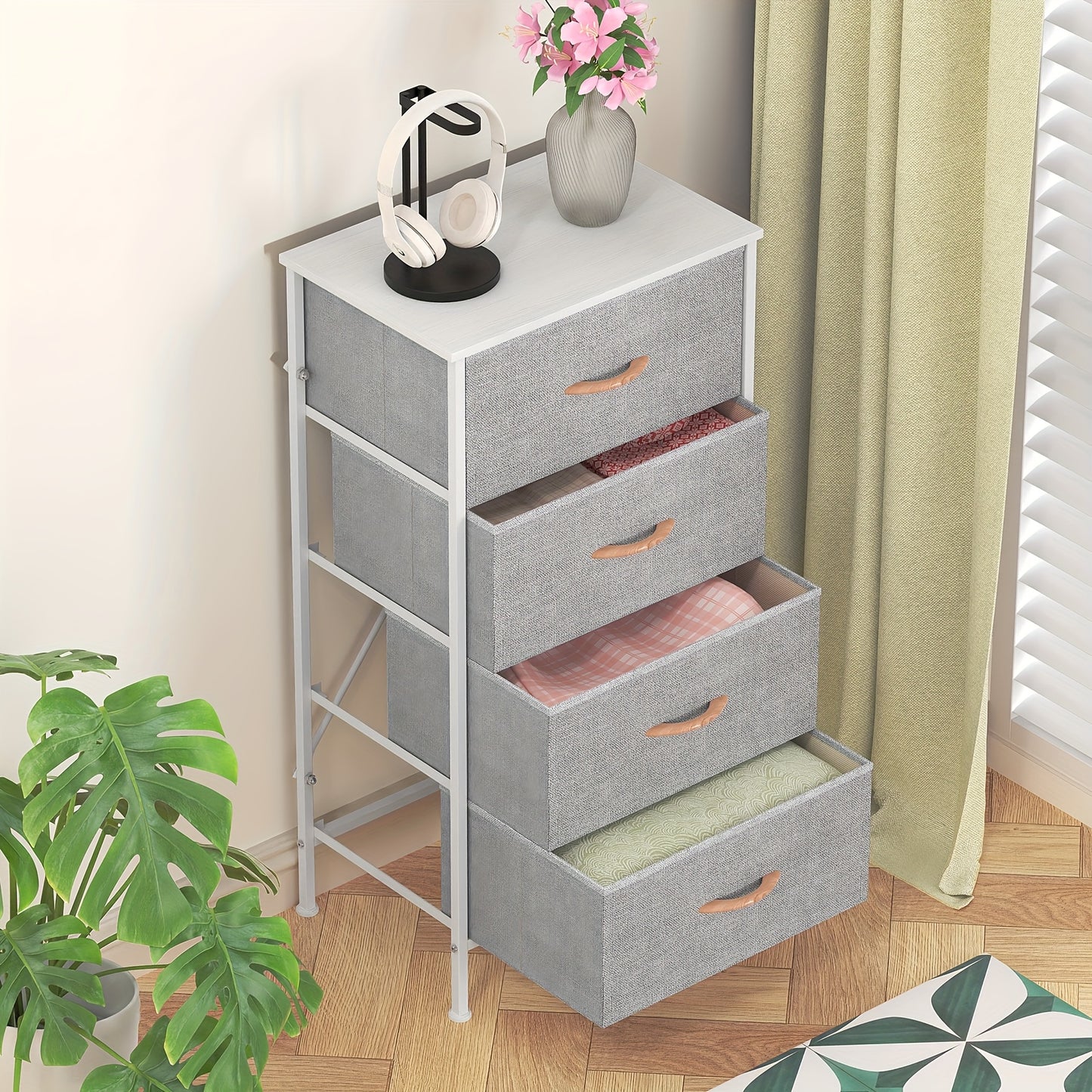 4-Drawer Dresser Storage Cabinet with Metal Frame & MDF Top, Adjustable Feet, Anti-Tip Safety - Stylish And Spacious Storage Unit for Bedroom Or Living Room (44.96cm X 29.97cm X 90.93cm)