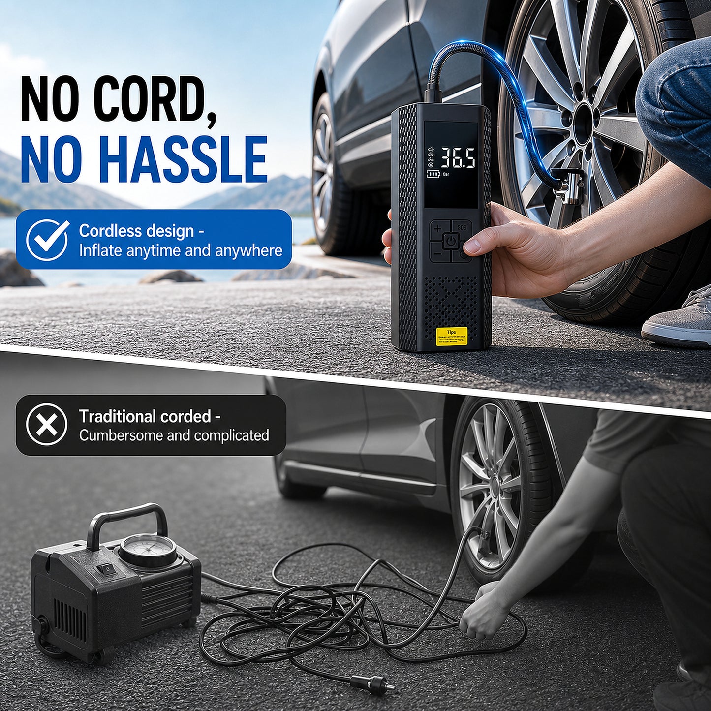 [Portable USB Rechargeable] 150PSI Portable Air Compressor with Tire Pressure Gauge & LED Display - 3X Faster One-Touch Smart Cordless Tire Inflator, USB-Powered, Rechargeable Battery, Battery capacity: 3000 mAh