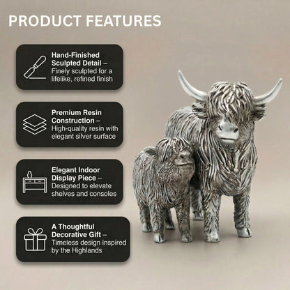 Silver Highland Cow & Calf Statue Ornament Sculpture – Resin Farm Animal Figurine, Country Rustic Home Decor Shelf Display Gift for Family, Mum, Grandma