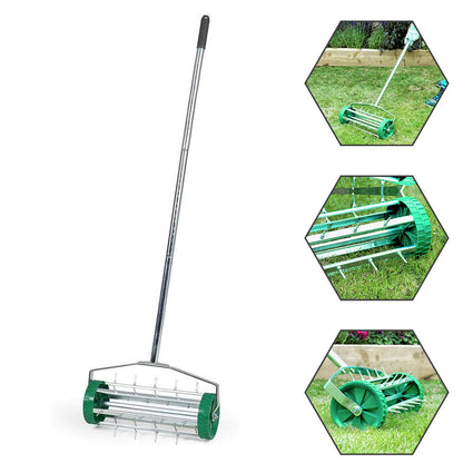 Manual Grass Spikes Roller, Garden Rolling Lawn Aerator with 3pcs Removable Metal Handle, Heavy Duty Outdoor Garden Lawn Tool, Green