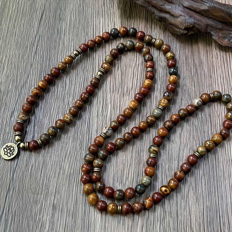 Vintage Bohemian 108 Mala Beads Handmade Stacked Elastic Bracelet - Picasso Stone Natural Stone Mindfulness Yoga Japamala Jewelry Necklace for Men and Women, Elegant with Lotus Pendant, Ideal Gift for Mother's Day, Father's Day, Ramadan.