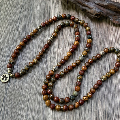 Vintage Bohemian 108 Mala Beads Handmade Stacked Elastic Bracelet - Picasso Stone Natural Stone Mindfulness Yoga Japamala Jewelry Necklace for Men and Women, Elegant with Lotus Pendant, Ideal Gift for Mother's Day, Father's Day, Ramadan.