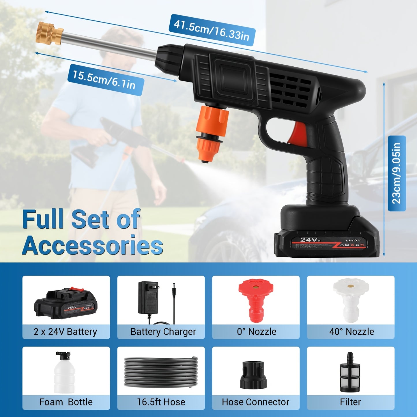 [Wireless Washer] Portable Wireless High-pressure Washer with 2 Battery, Nozzles, Foam Generator, And Hose.Suitable for Yard Cleaning And Car Washing, Handheld Pressure Washer.Wireless Pressure Washer, Outdoor Cleaning, Car Washing Tool, Lightweight Washe