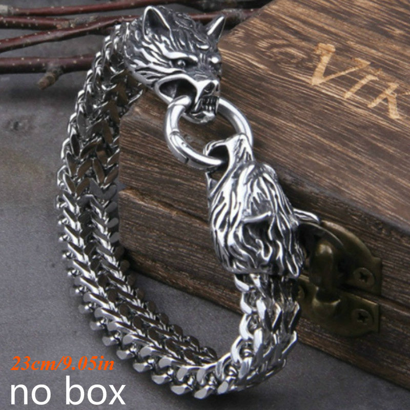 Never Fade Rock Viking Wolf Charm Bracelet Men'S 304 304 Stainless Steel Mesh Chain Silvery Color Wolf Punk Bracelets Biker Jewelry