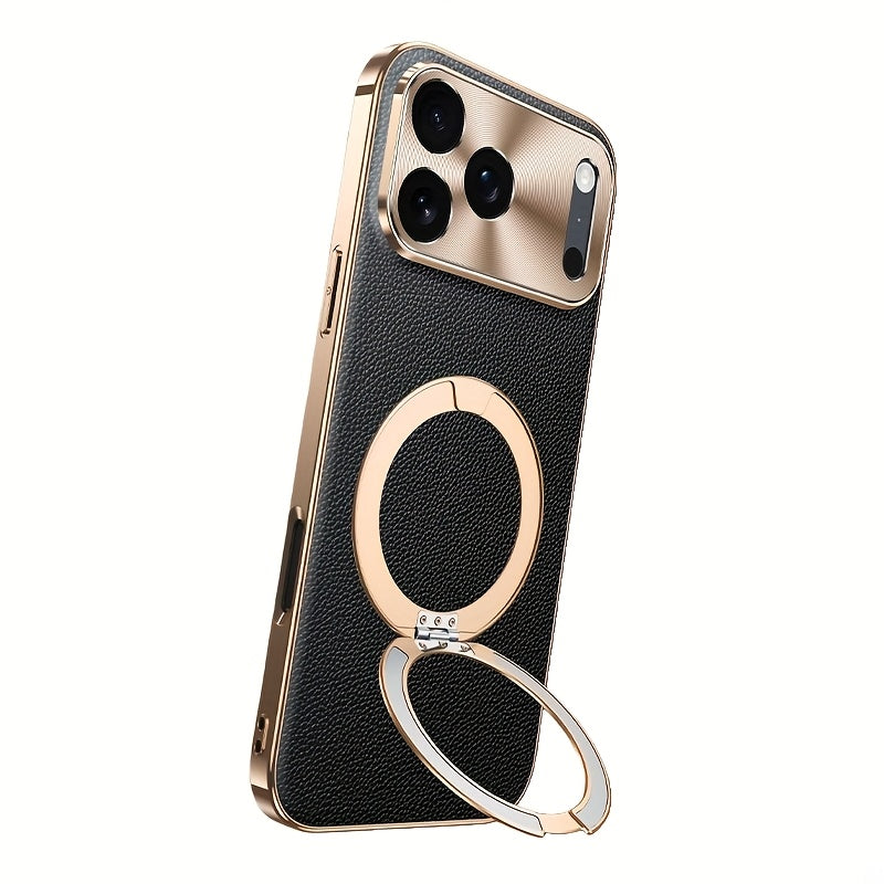 Phone Case - High-Quality Togo Real Leather Phone Case with Electroplating for Iphone 17, 16, And 15 Pro Max, Featuring Wireless Charging And a Magnetic Stand