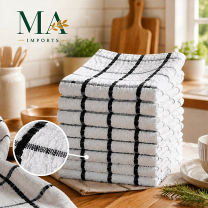 12 Pack white Kitchen Towels with black checkered stripe patterns set 60x40cm, Bulk Cleaning Towels, Cotton Soft Dish Cloths, Plaid and Checkered Tea Towels for Kitchen Cleaning and Daily Household Use