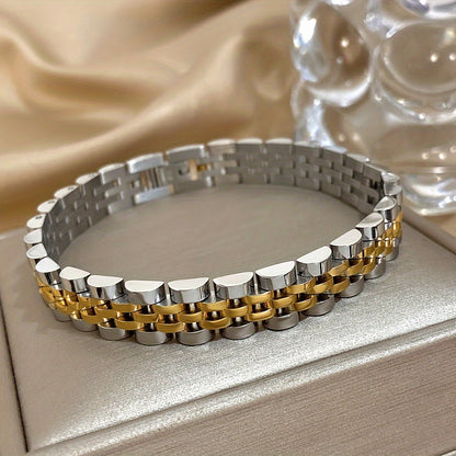 1 Punk Waterproof Stainless Steel Bracelet, Suitable for Women Men and Girls Thick Metal Strap Thick Chain Declaration Bracelet Golden Silvery Fashion Jewelry, Party Accessories, Vintage Bracelet, Father's Day Gift, Valentine's Day Gift