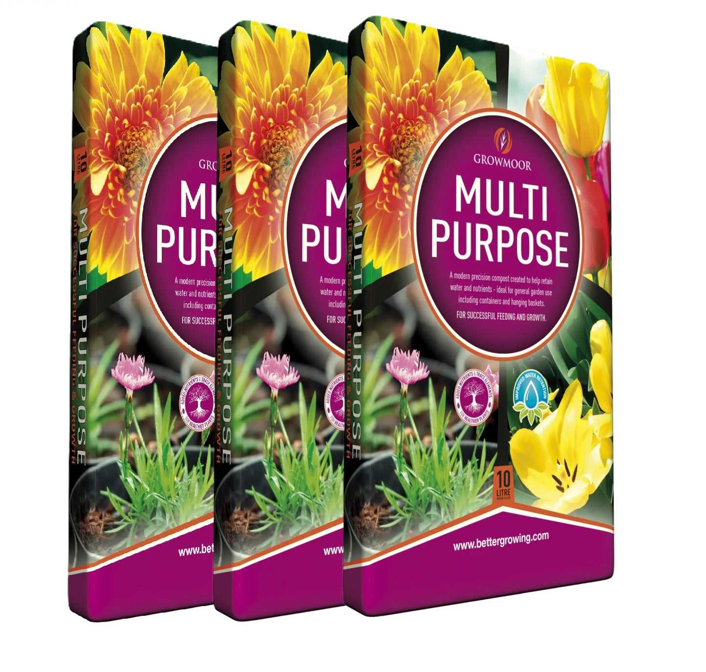 3x Growmoor Multi Purpose Compost 10L – Large Volume Potting Compost for Indoor Plants, Outdoor Containers, Hanging Baskets & General Gardening Use