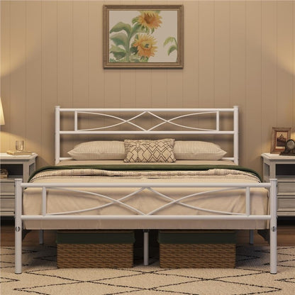 Curved Headboard Metal Bed Frame Platform Bed Vintage Style Built-in Steel Slats 32cm Underbed Storage No Box Spring Needed Single Double King Black White