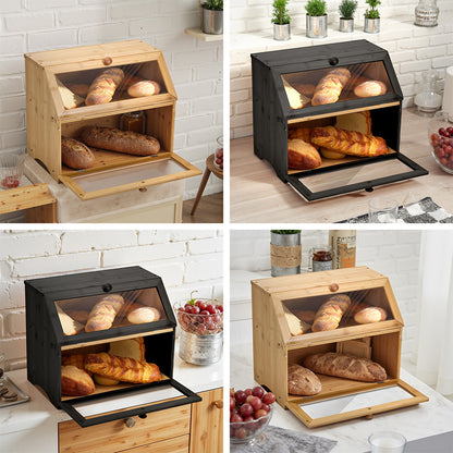 Bamboo Bread Bin with Transparent Window, 2-Layer, Bread Box Large Capacity Bread Storage for Kitchen, Kitchen Countertop Bread Box for Bread, Sushi, Pastries, Biscuits, Breakfast, Natural/ Black, 15.55*9.84*12.60 Inch