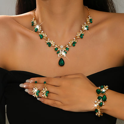Luxury Blue Jewelry Three-Piece Set: Teardrop Pendant Necklace + Bracelet + Earrings, Women's Banquet Accessories