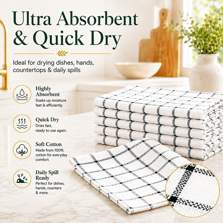12 Pack white Kitchen Towels with black checkered stripe patterns set 60x40cm, Bulk Cleaning Towels, Cotton Soft Dish Cloths, Plaid and Checkered Tea Towels for Kitchen Cleaning and Daily Household Use