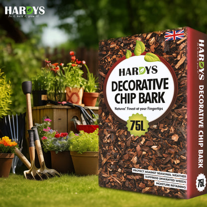 Hardys 75L Pine Landscape Bark Chippings for Garden - Decorative Wood Bark Chips - Mulches Down, Insulates Roots, Weed Control - Path, Playground, Border Wood Chippings for Garden