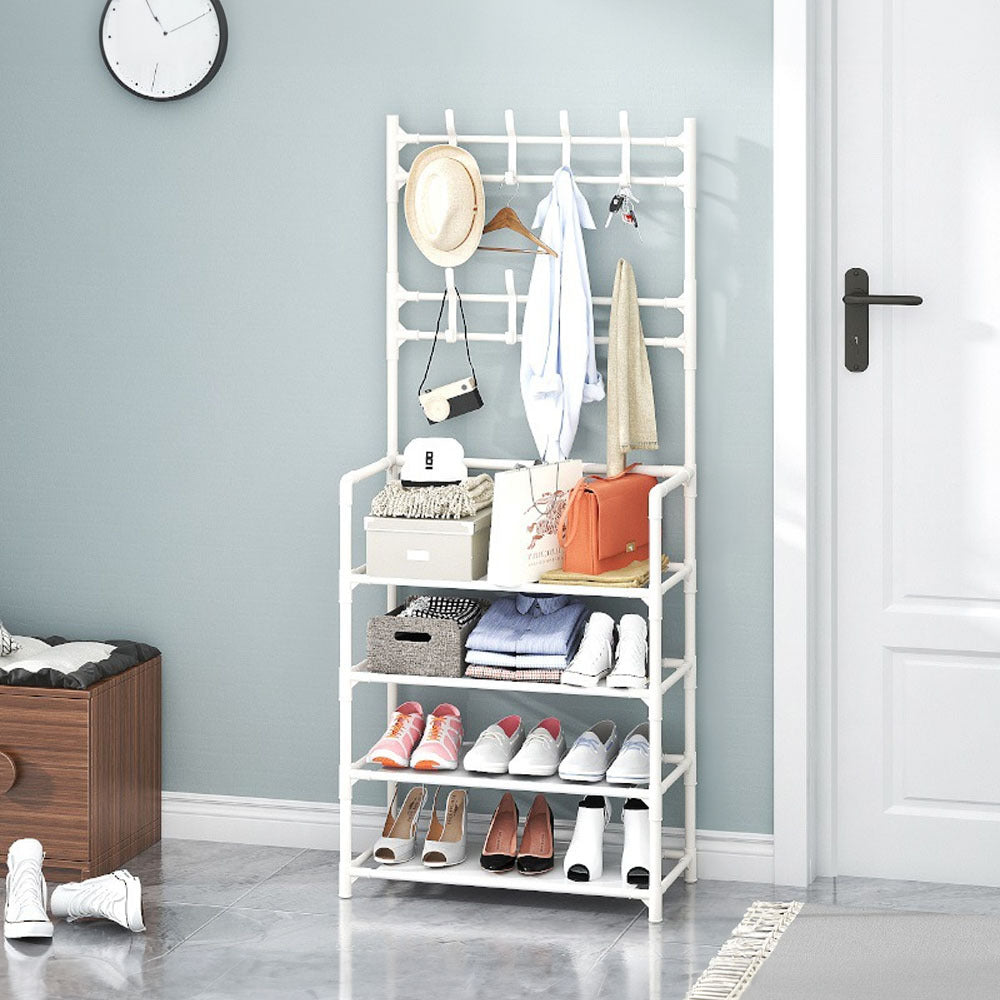 Metal Clothing Rail Rack, Multi Fucntional Coat Hat Stand With Shoe Rack Non Woven Fabric Shelves, Entryway Hall Tree with Bench and Shoe Storage Clothes Rack Hanging Rail Coat Hanger Home Freestanding Coat Rack Hanging Clothes Rack for Clothes, Coats, Sk
