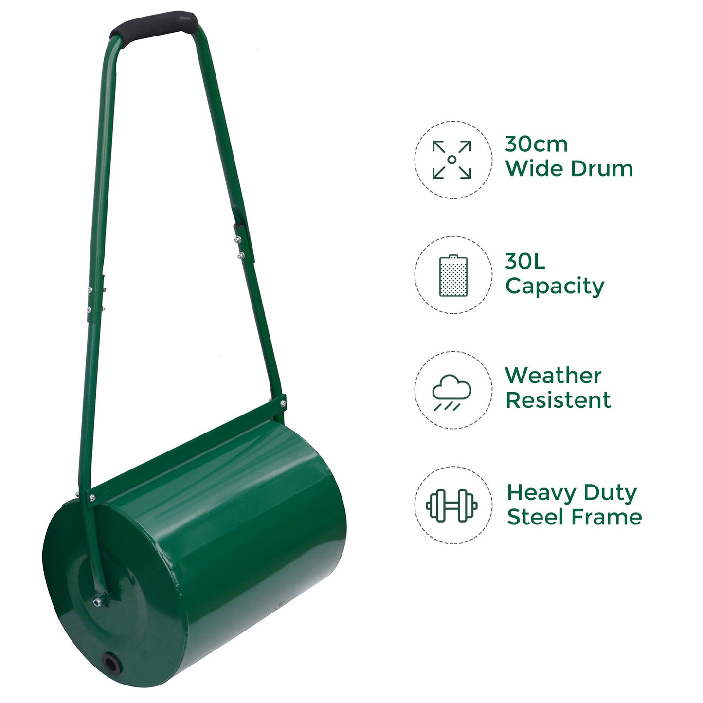 Heavy Duty Garden Grass Lawn Roller - Large Water or Sand Filled Drum, Galvanized Steel Construction, Scraper Bar & Collapsible Handle for Levelling Uneven Ground - Green