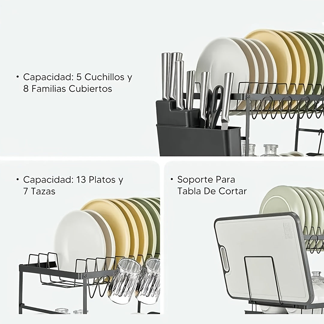 2 Tier Dish Drainer Rack for Kitchen Counter - Space-Saving Dish Rack with Utensil Holder and Cutting Board Holder Large Capacity Drying Rack with Draining Board, Black