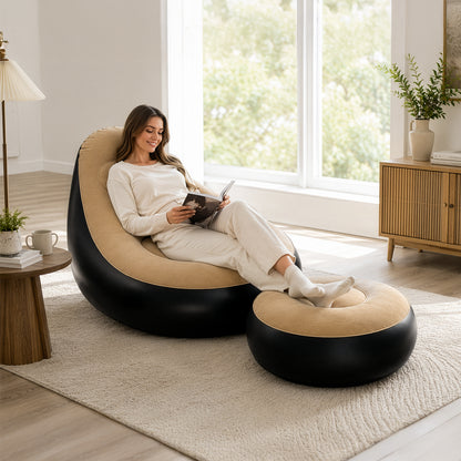 Inflatable Recliner Chair with Footstool 46 Inch Portable Lounger Indoor Outdoor Camping Picnic Beach Garden Living Room Bedroom Balcony Lazy Chair