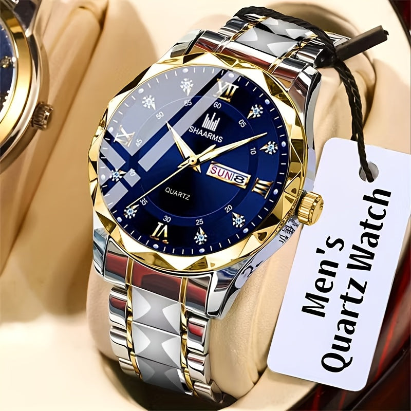 1 New Stainless Steel Band Men'S Quartz Watch Roman Numeral Dial Inlaid with Rhinestones Date Calendar Trendy Fashion Easy Brand Luxury Luminous Sports Leisure Life Travel Business Multi-Function Watch Birthday Gift Holiday Gift Gift Ideal Choice