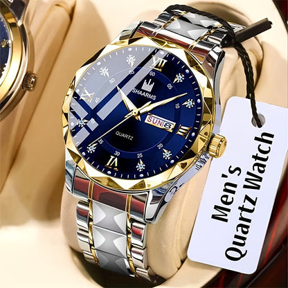 1 New Stainless Steel Band Men'S Quartz Watch Roman Numeral Dial Inlaid with Rhinestones Date Calendar Trendy Fashion Easy Brand Luxury Luminous Sports Leisure Life Travel Business Multi-Function Watch Birthday Gift Holiday Gift Gift Ideal Choice