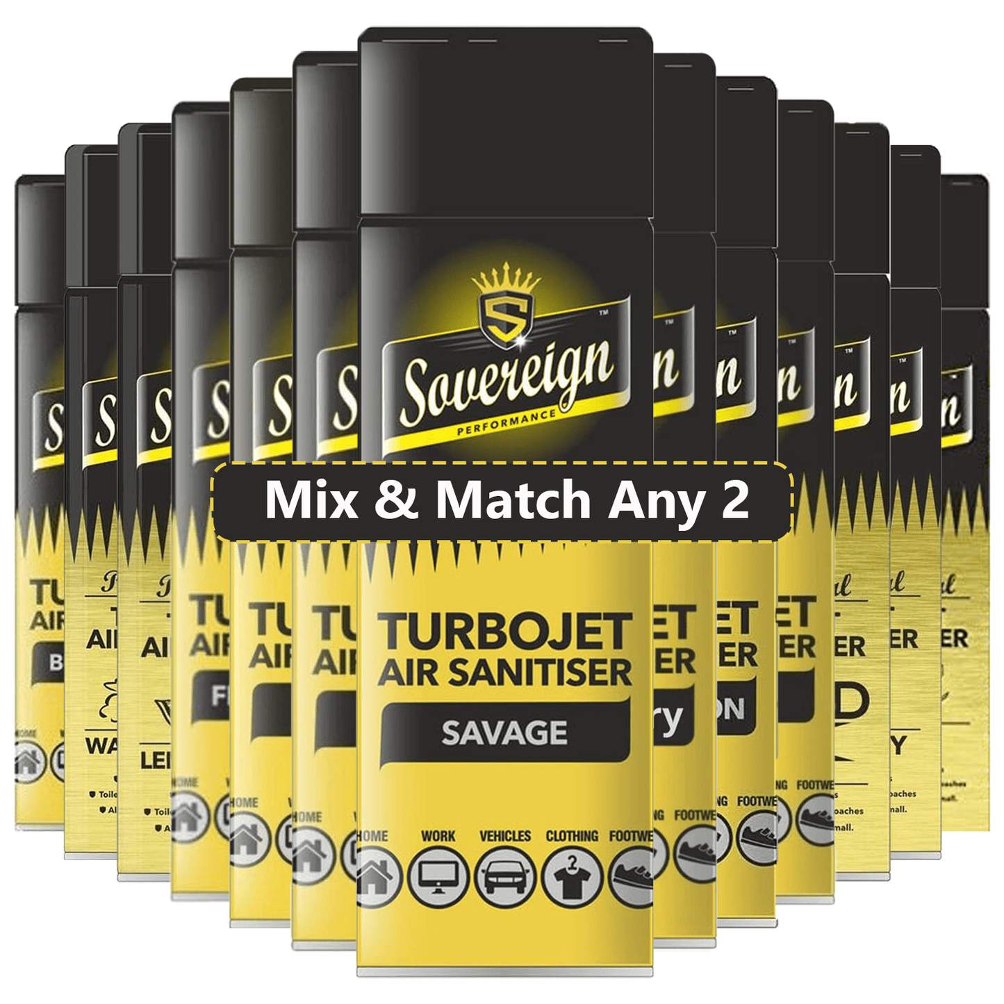 Sovereign Mix & Match Any 2 Car Home Turbojet Air Freshener Spray 500ml Each, Long Lasting Odour Eliminator, High Power Fragrance Blast, Choose Savage Greed Rada Lemon Sherbet Jasmine Cranberry Watermelon Cherry Bubblegum Fresh Linen Washday Fresh Oud Str