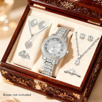 [Women's Jewelry Watch Set] 9pcs Set: Women's Fashion Elegant Quartz Jewelry Watch + 2 Sets of New Shiny Necklaces, Rings, and Earrings - Alloy Case, Quartz - Suitable for Valentine's Day, Easter, Halloween, Ramadan, Birthdays, Christmas, New Year, Daily