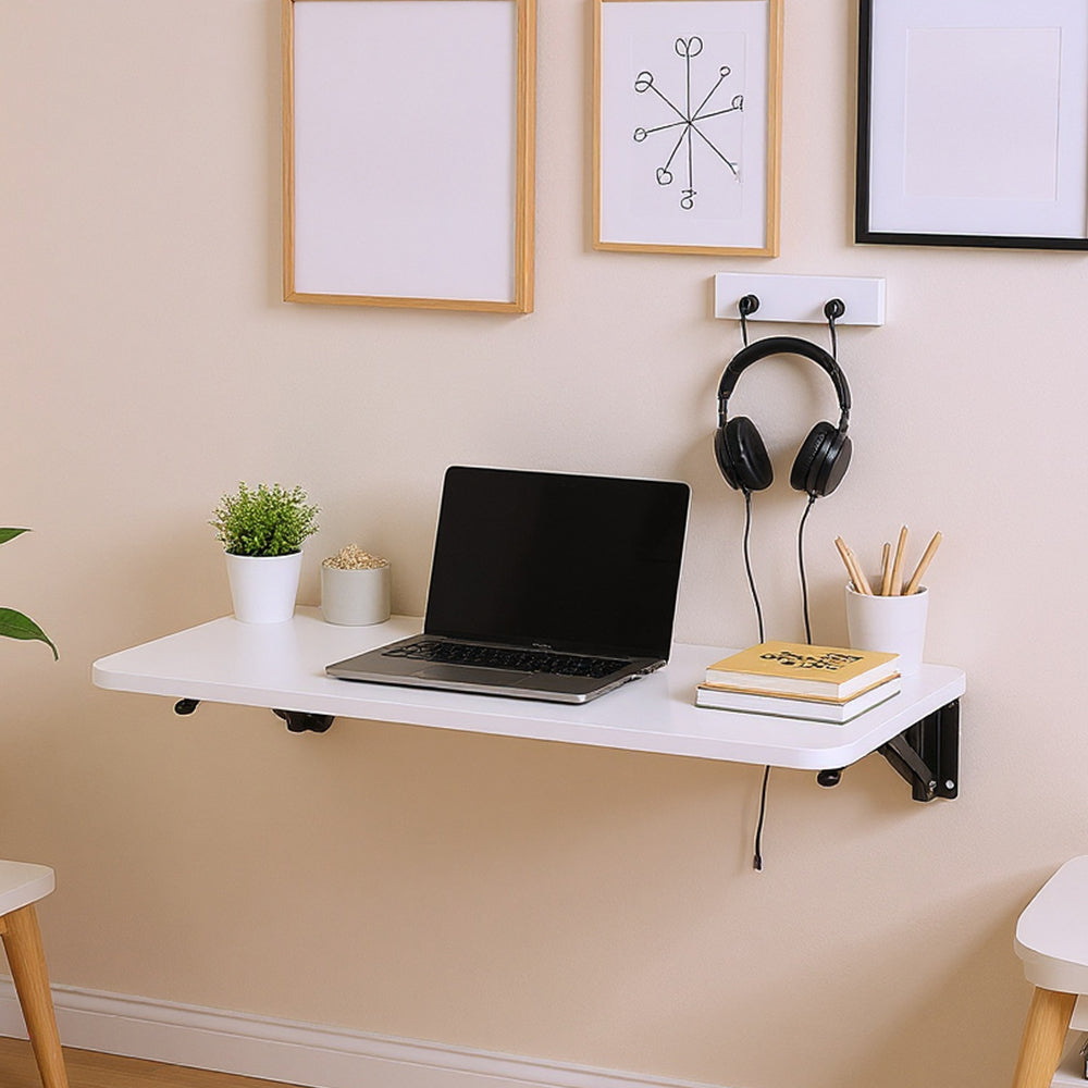 Folding Wall-Mounted Laptop Desk, Space-Saving Study and Reading Table, Metal Iron Frame Design, Durable and Sturdy Wall Desk for Home or Office, Black/White, 52x24cm / 65x24cm / 75x24cm