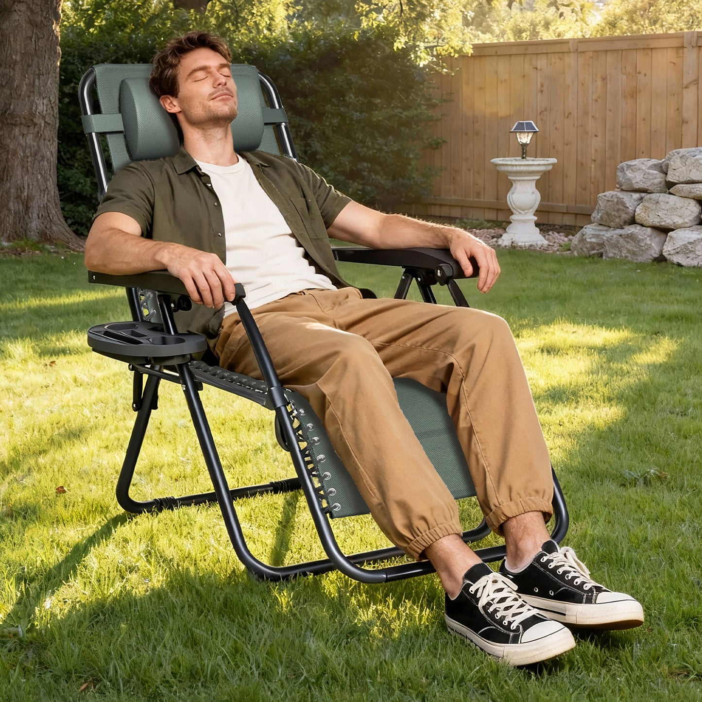 2pcs Zero Gravity Chairs, Fabric Foldable Patio Chairs Outdoor, Lounge Camping Chairs with Padded Pillow, Armrest, Footrest and Cup Holder - Textilene Fabric