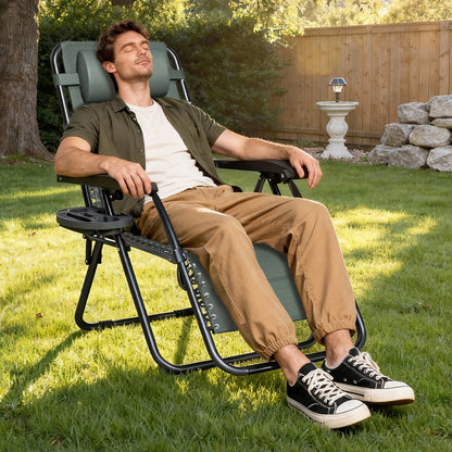 2pcs Zero Gravity Chairs, Fabric Foldable Patio Chairs Outdoor, Lounge Camping Chairs with Padded Pillow, Armrest, Footrest and Cup Holder - Textilene Fabric