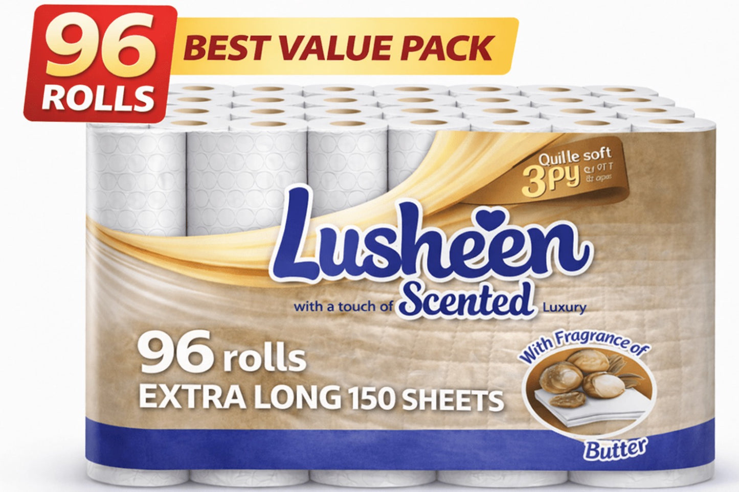 96 Rolls Toilet Tissue 3-Ply Extra Long 150 Sheets – Soft, Strong & Quilted Bulk Loo Roll Pack for Families, Offices & High-Use Homes, Light Fresh Scent