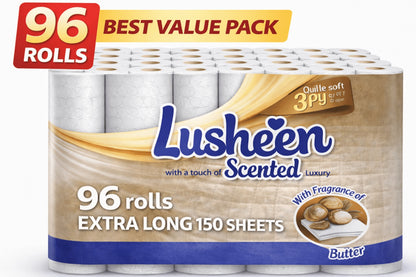 96 Rolls Toilet Tissue 3-Ply Extra Long 150 Sheets – Soft, Strong & Quilted Bulk Loo Roll Pack for Families, Offices & High-Use Homes, Light Fresh Scent